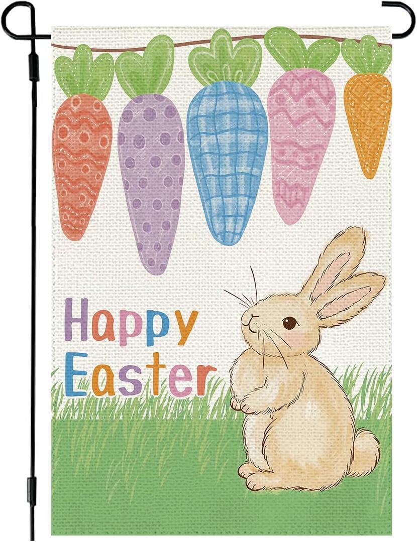 2 x Happy Easter Garden Flag Double Sided, Colorful Carrots and Rabbit Yard Flag, Farmhouse Outdoor Decorations Spring Holiday Decor 12x18 Inch
