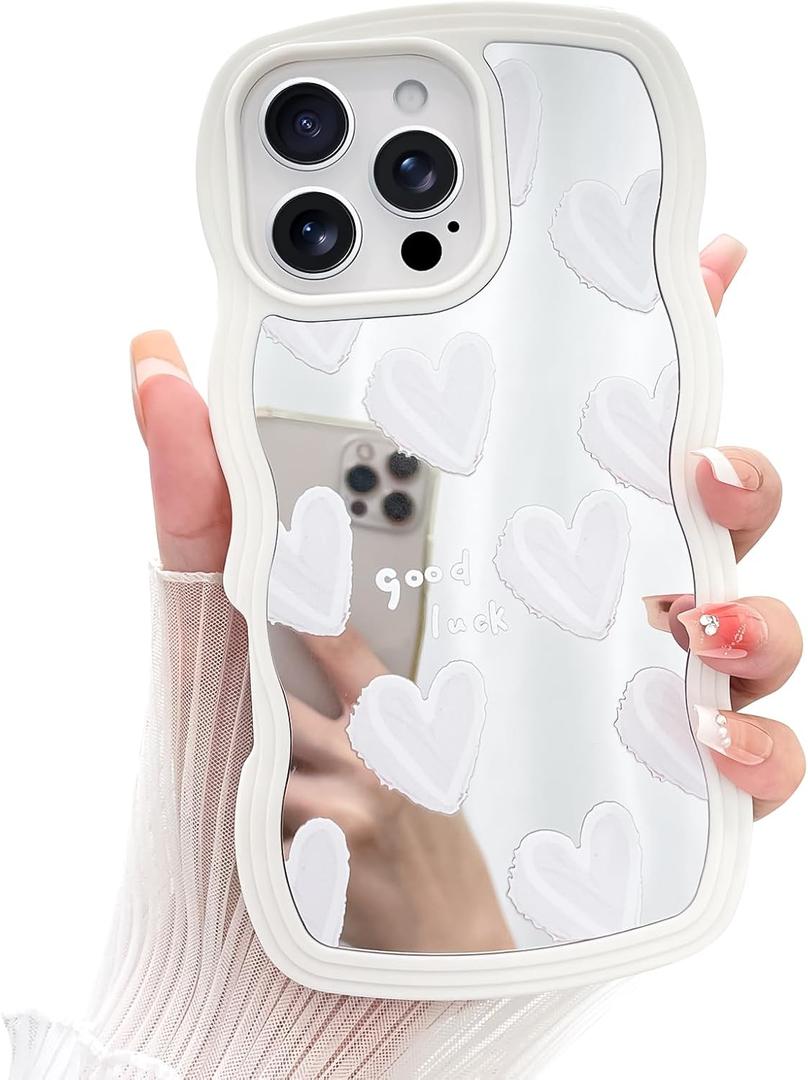 LSL Case for iPhone 16 Pro Max, Glossy Mirror Back White Hearts Pattern Case for Girls Women Curly Wave Edge Cute Girly Trendy Slim Protective Cover