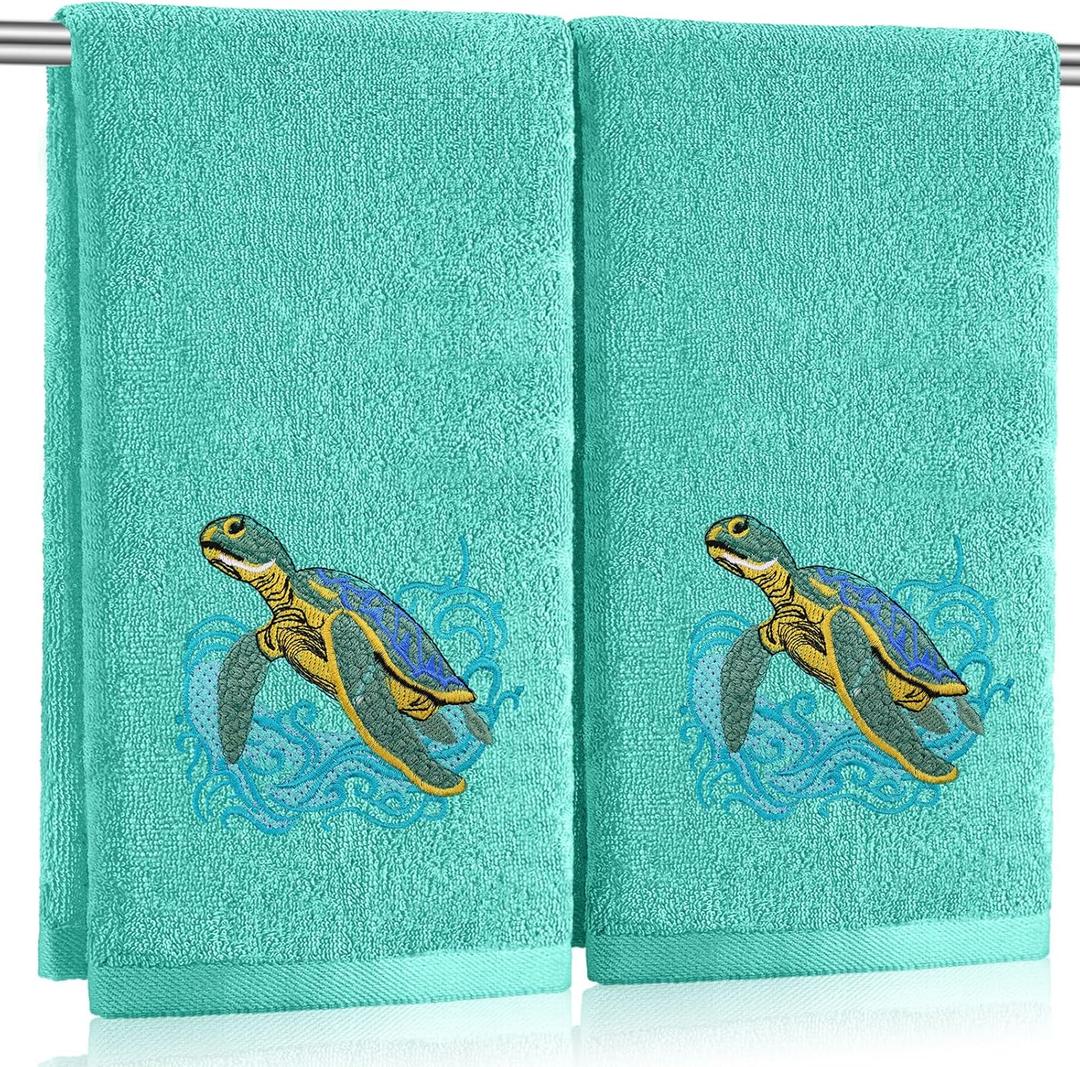2 Pcs Sea Turtle Hand Towels Teal Bathroom Decor 14x29 Inch Embroidered 100% Cotton Soft Absorbent Spring Summer Decorative Hand Towels for Bathroom Kitchen (Blue-green)