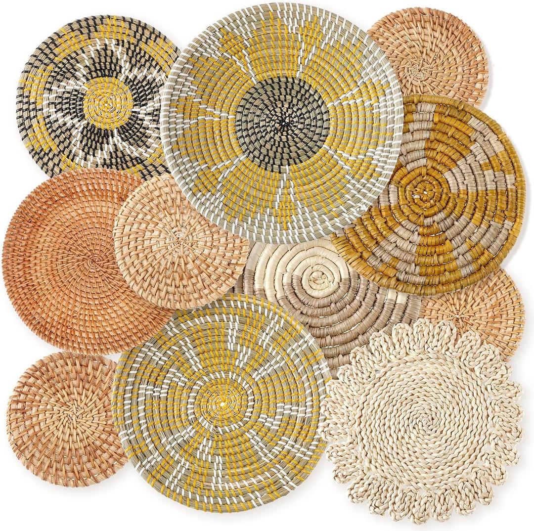 Tatuo 11 Pcs Boho Wall Basket Decor Bulrush Woven Wall Hanging Art Round Farmhouse Rustic Handmade Wicker for Summer Home, Bedroom, Living Room, Kitchen Decorations, Multi Sizes(Lively)