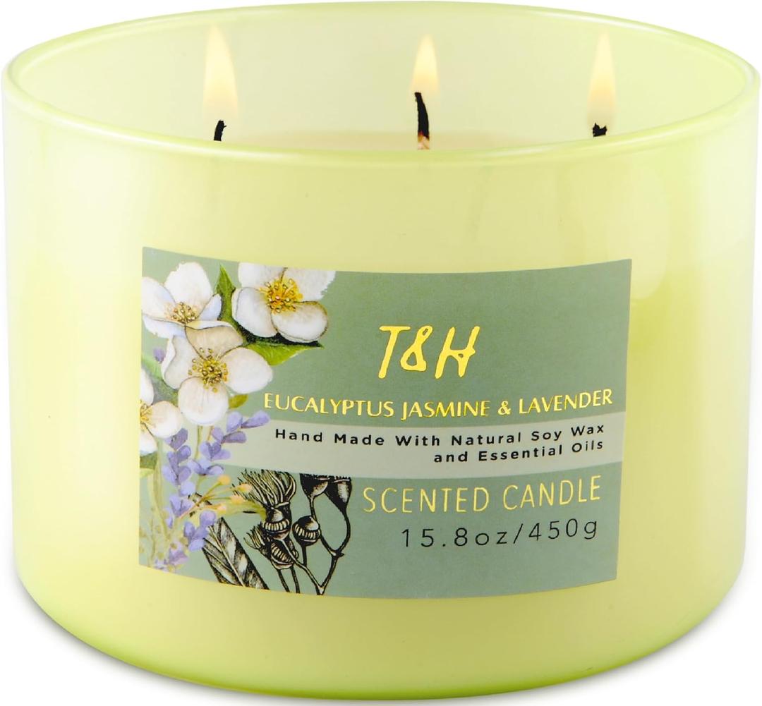 T&H Eucalyptus Jasmine Lavender 3-Wick Soy Candle 15.8 oz | Large Lavender Woods Scented Candle for Home | Aromatherapy Stress Relief Candle for Men & Women | Highly Scented, Long-Lasting Clean Burn