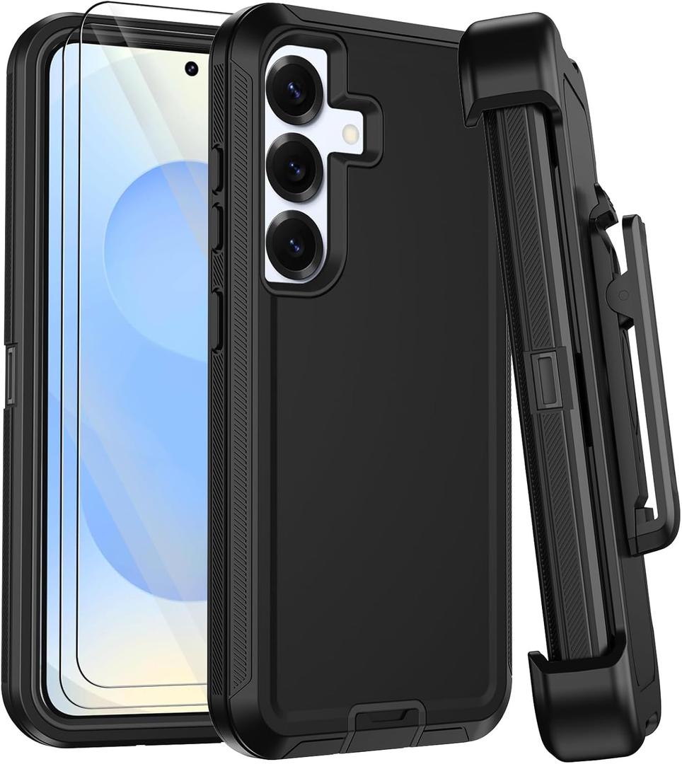 for Samsung Galaxy S25 Case with Belt Clip Holster,[2 Screen Protector& Kickstand] Heavy Duty Rugged 3-Layer Military Grade Drop Protection Phone Case,Shockproof Full Body Protective Cover (Black)