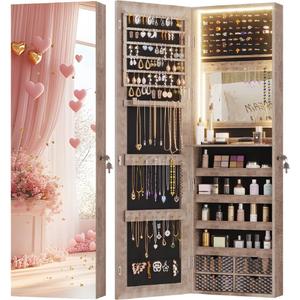 Vlsrka 47.2 Inch Full Length Mirror with Storage, Wall Mount Mirror Jewelry Cabinet, Over The Door Hanging Jewelry Armoire Organizer, Built-in Light, 4 Drawers, 5 Shelves, Christmas Gift (Wood)