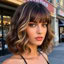 Blonde Highlight Bob Wig with Bangs for Women Dark Brown and Blonde Wigs Natural Looking Heat Resistant Synthetic Wig for Daily Party Use