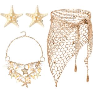 4 Pcs Summer Mermaid Costume Women Beach Crochet Skirt Sarong Swimsuit Cover up Shell Necklace Hair Clip (Khaki)