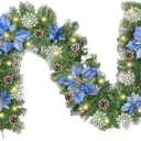 Pre-Lit 6FT Christmas Garland with Blue Flower LED Lights Pine Cones Berry Clusters Pine Needles Decorated Xmas Garland Decoration for Front Door Fireplace Table Centerpiece Home Holiday Supplies