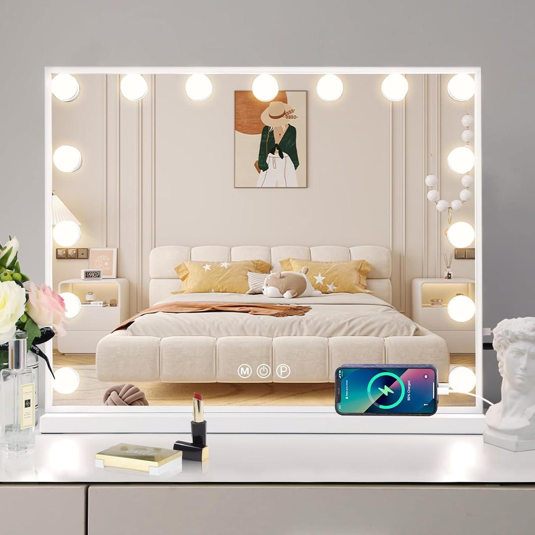 Vanity Mirror with Lights 15LED Bulbs 3 Lighting Modes Lighted Makeup Mirror for Desk or Wall-Mount Hollywood Vanity Mirror with USB Charger Port and 10X Magnification (22"x18")