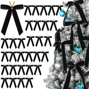 Riceshoot 30 Pcs Velvet Christmas Bow Decoration, 11 x 6.3 Inch Large Bows for Christmas Tree Gift, Xmas Ribbon Garland Ornaments for Wreath Garland Gift Wrapping Crafts Wedding Party(Black)