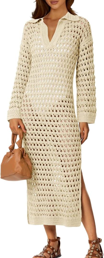 Saodimallsu Womens Crochet Swimsuit Cover Up V Neck Collared Long Sleeve Mesh Knit Long Beach Coverup Maxi Dress (S)