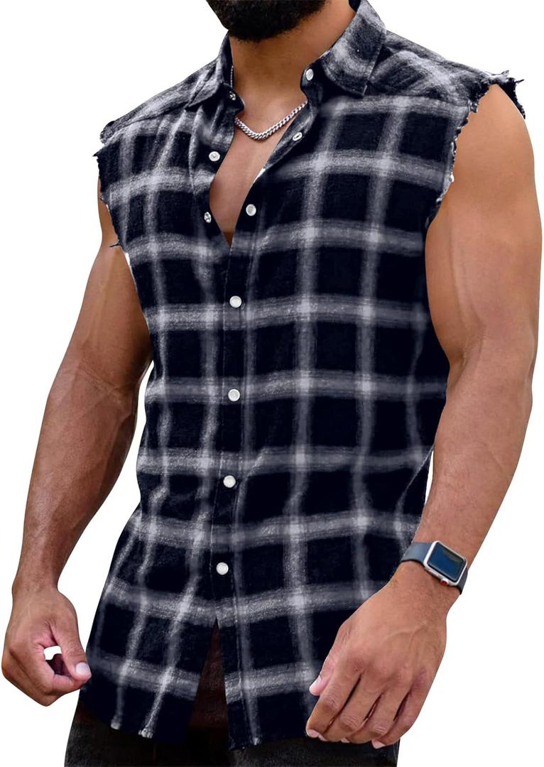 Mens Sleeveless Flannel Shirt Casual Plaid Button Down Shirts Cowboy Tank Shirts (S)