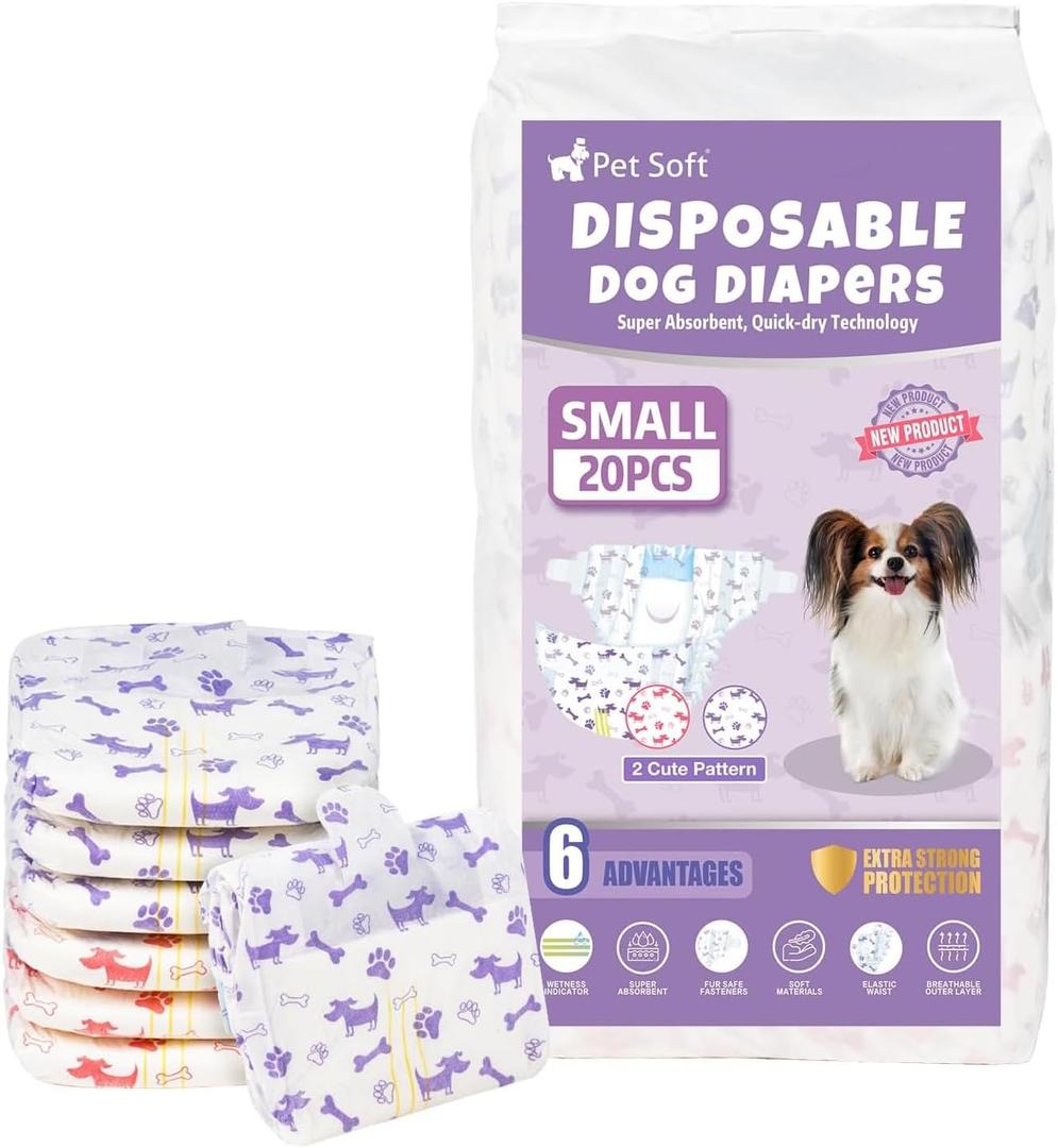 Pet Soft Female Dog Diapers - Disposable Doggie Diapers with Wetness Indicator, Puppy & Cat Diaper Super Absorbent, Fit for Female Dog in Heat or Incontinence, 20pcs (S, Mixed)