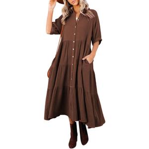 R.Vivimos Women's Summer Cotton Half Sleeves Button Down Casual Loose Slit Midi Dress with Pockets (Medium)