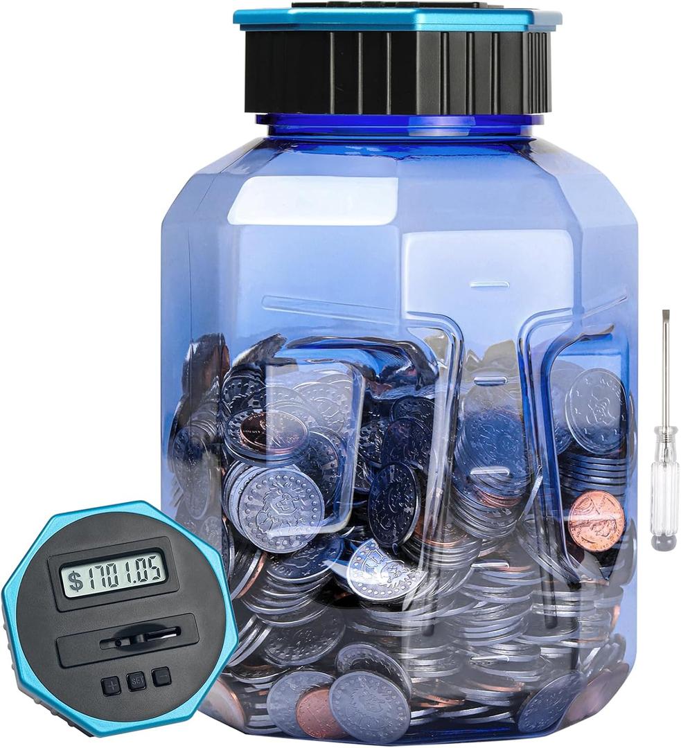 X-Large Piggy Bank for Adults Kids, Vcertcpl Digital Coin Counting Bank with LCD Counter, 2.4L Capacity, Great Coin Counter Bank Money Counting Jar with Total Amount Displayed (Blue2, X-Large)