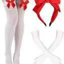 Preboun Princess Costume Accessories for Women, Red Bow Headband Long Gloves Thigh High Socks Kit for Christmas Cosplay Party