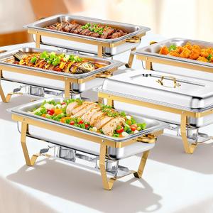 Chafing Dishes for Buffet, 9QT 5 Pack Chafing Dish Buffet Set | Stainless Steel Catering Warmer Server with 5 Full Size Pans for Home Party Wedding Buffets, Gold