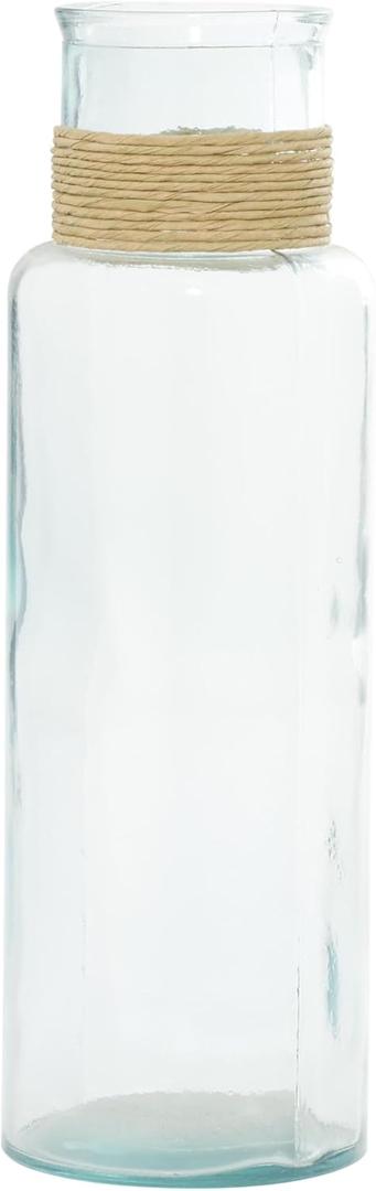 Deco 79 Recycled Glass Handmade Spanish Vase with Wrapped Rattan Neck Detail, 6" x 6" x 18", Clear