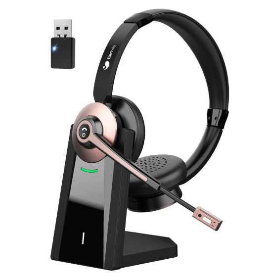 Earbay Wireless Headset with Microphone, Single-Ear Bluetooth Headset with Microphone Noise Cancelling & Mute Function, Wireless Headphones with Charging Base & USB Dongle for Work, Gold 
