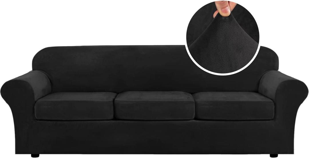 H.VERSAILTEX Velvet 4 Piece High Stretch Sofa Slipcover Cover Furniture Protector Form Fit Thick Velvet Extra Large Sofa Cover for 3 Cushion Couch Width Up to 105 Inch(XL Sofa, Jet Black)