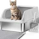 Stainless Steel Litter Box with Lid Enclosed XL High Sided Metal Litter Boxes for Big Cat and Multiple Cats, Anti-Urine Leakage | Non-Stick & Includes Cat Mat and Scoop