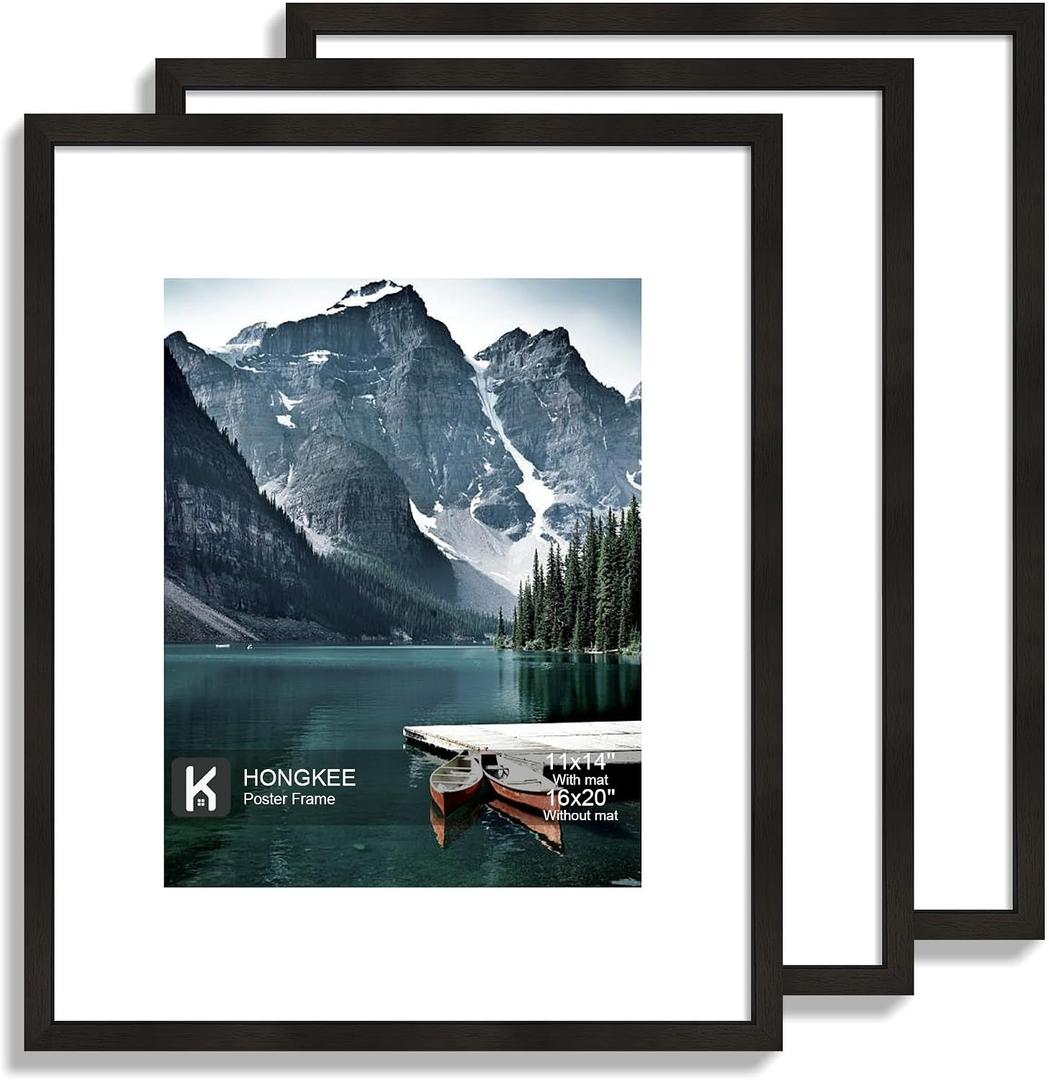 Hongkee 16x20 Frames Set of 3 - Display 11x14 Photo with Mat or 16 x 20 Poster without Mat, Wall Mounting Horizontal and Vertical, Black
