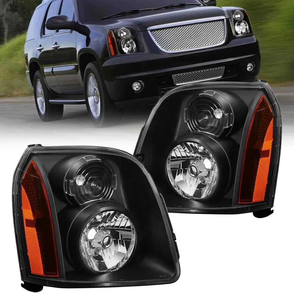 Factory OE Style Headlights Assembly for 2007-2014 GMC Yukon/Yukon XL 1500 2500 Halogen Head Lights Headlamp Replacement Driver and Passenger Side, Black