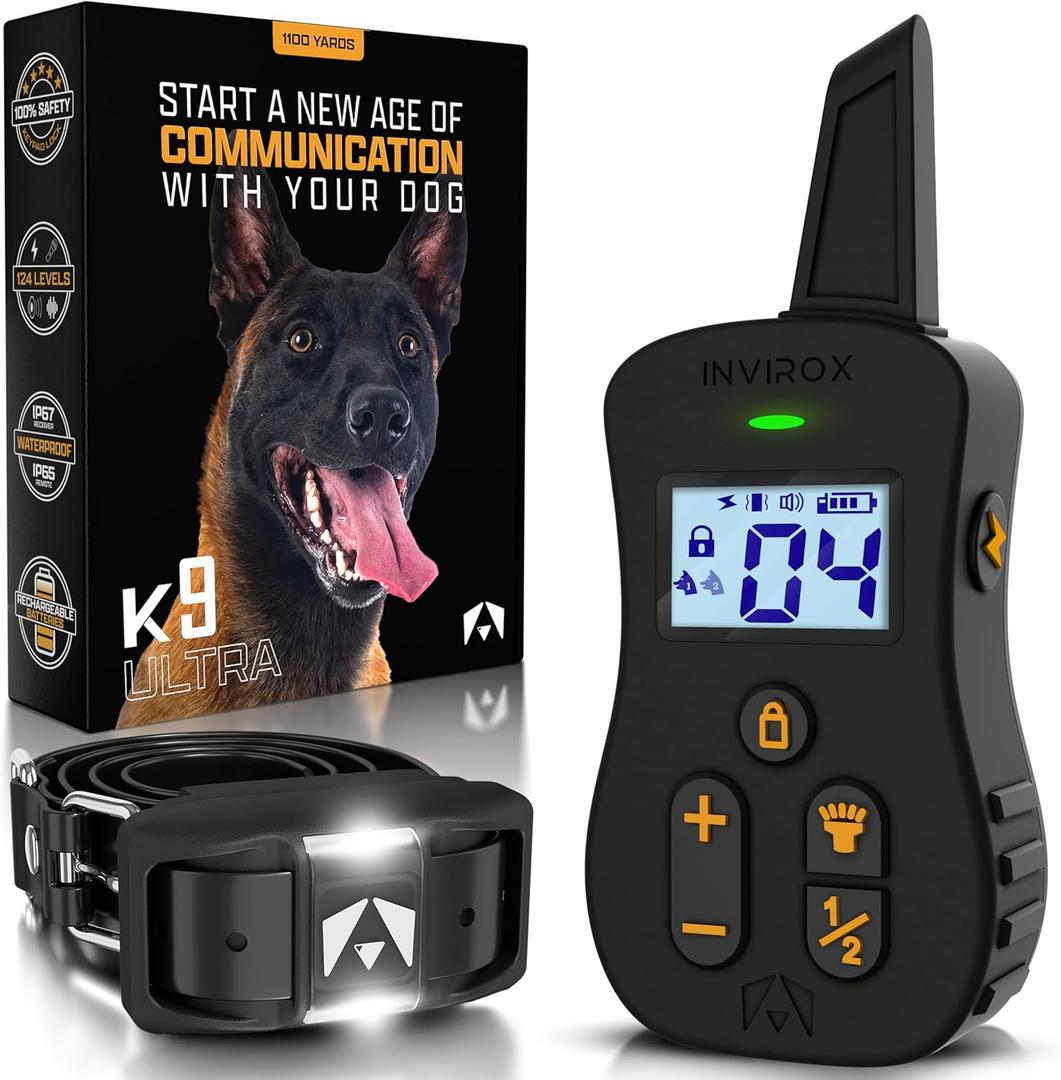 INVIROX Ultra K9 Dog Training Collar with Remote, 124 Levels for Reactive, Stubborn or Hard-to-Train Dogs, Mile Range, Night-Light Mode, Safe Communication, IP67 Waterproof E Collar for Large Dogs (Back)