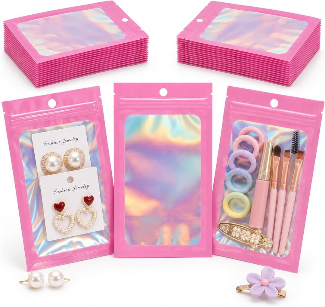 Quotidian Heat Sealable Pink Plastic Gift Bags with Zipper 3.1" x 4.8" (8 x 12.2 cm) Pack of 100 – Resealable, Foil Pouches for Handmade Soap, Laundry Pods, and Screen Wipe