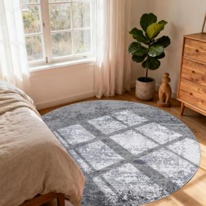 Modern Abstract 8x8 Round Area Rug Non Slip Non Shedding Rug Low Pile Stain Resistant for Bedroom Living Room Office Dining Room, Light Grey