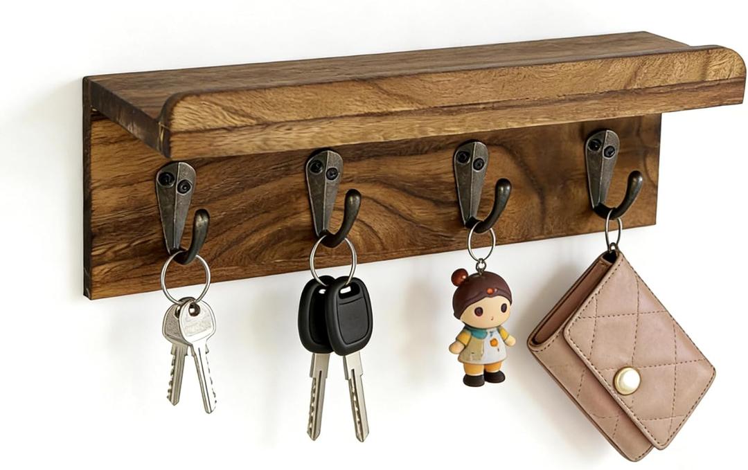 Gulex Key Holder Wall Mount, Rustic Wood Key Holder for Wall with 4 Hooks for Key Hanger to Organize Keys and Mail, Room Decor Key Hanger(Wood Color)