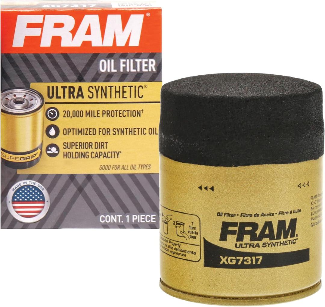 FRAM Ultra Synthetic Automotive Replacement Oil Filter, Designed for Synthetic Oil Changes Lasting up to 20k Miles, XG7317 with SureGrip (Pack of 1) (1 Count (Pack of 1))