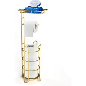 Gold Toilet Paper Holder Stand with Shelf, Freestanding Tissue Roll Holder, Holds 4 Mega Rolls and Extra Storage for Phone, Wipes