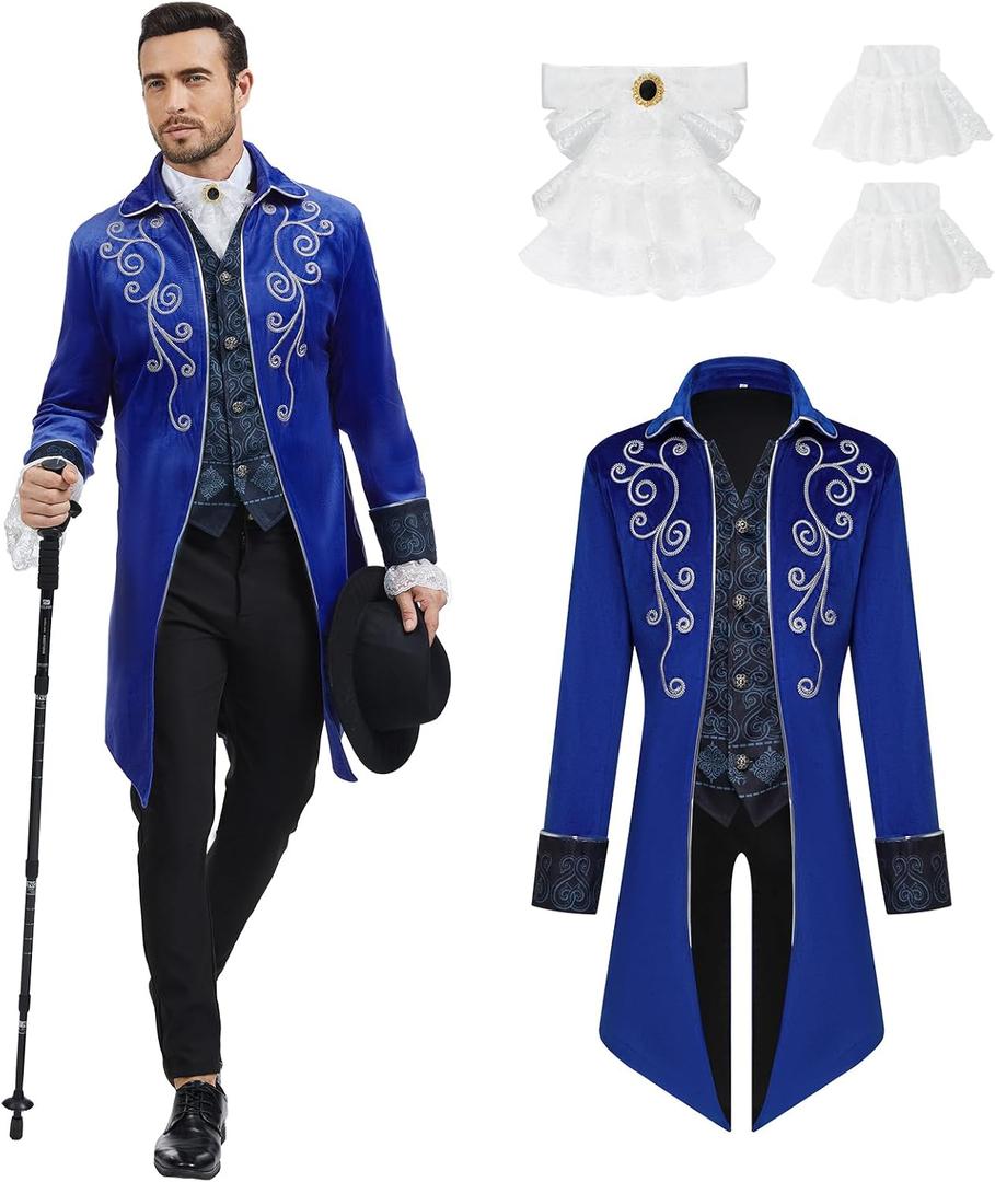 Men Medieval Steampunk Tailcoat Jacket Gothic Victorian Frock Coat Uniform Halloween Party Cosplay Gentleman Costumes (3X-Large, Blue)