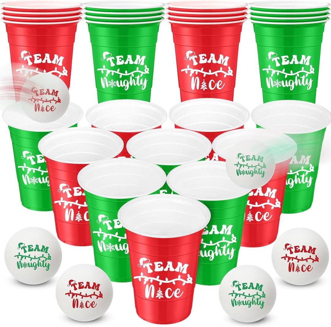 22 Pcs Christmas Game Supplies Set 16 oz Plastic Cups with 8 Christmas Theme Balls Xmas Party Game Beer Cups for Christmas House Parties Favors Concerts Birthdays BBQ Holidays(Team)
