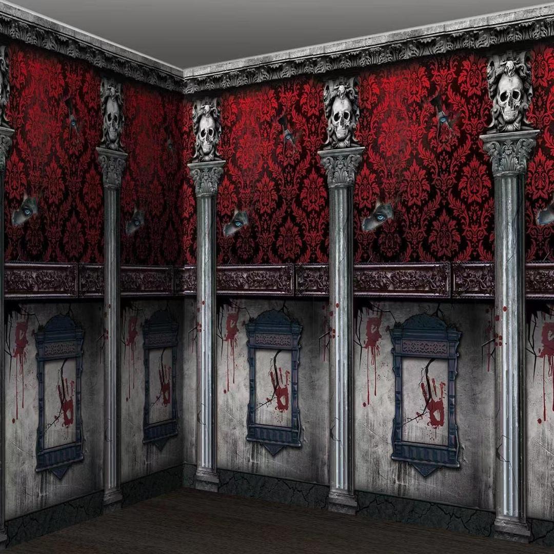 3Pcs Halloween Gothic Mansion Backdrop Decoration, Plastic Gothic Mansion Room Scene Setters Photography Background Wallpapers for Halloween Haunted House Party Decoration, 54×108 inches
