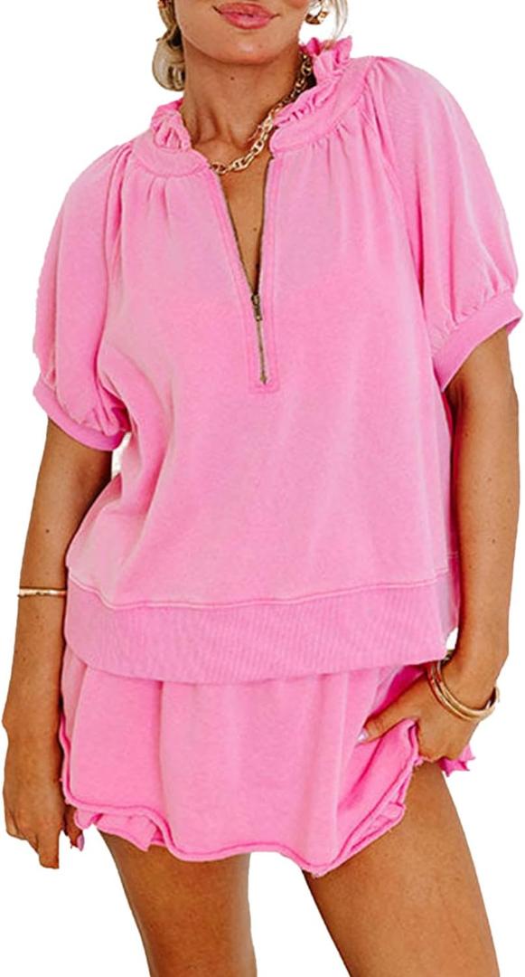 KevaMolly Women's 2 Piece Lounge Sets Casual Short Sleeve Outfits Half Zip Puff Sleeve Top and Ruffled Shorts Set (Pink),  Small