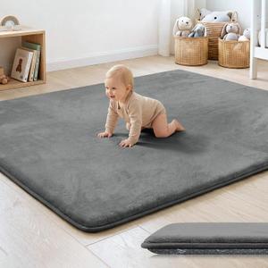 1.3" Thick Baby Floor Play Mat 50x50, Basic Padded Foam Mat for Tummy Time Crawling, Non Slip Cushioned for Babies Toddlers Infants Kids (Dark Grey)