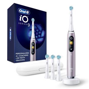 Oral-B Rechargeable Electric Toothbrush, iO9 Genius, 7 Cleaning Modes, Interactive Display, Charging Travel Case, Visible Pressure Sensor, 4 Brush Heads, Rose Quartz