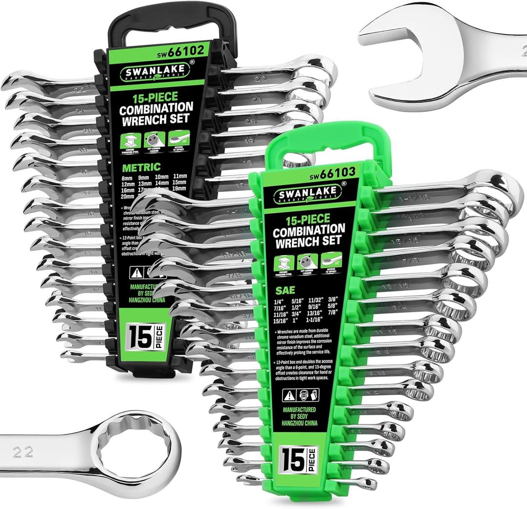 SWANLAKE GARDEN TOOLS 30-Piece Combination Wrench Set, Metric & SAE (8-22mm & 1/4 to 1-1/16),12-Point Open End Standard Wrench Set, Mechanics Wrenches Sets, Chrome Vanadium Steel with Storage Rack