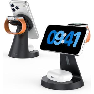Wireless Charger 3 in 1 Charging Station for iPhone: Magnetic Docking Station for iPhone 17/16/15/14/13/12 - Multi Charging Dock for Apple Watch & Airpods 4 3 2 Pro (Adapter Included) (Black)