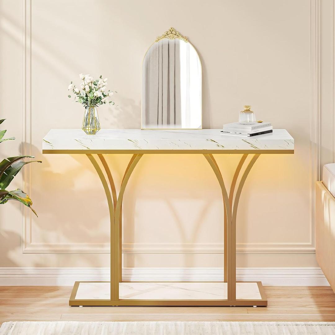 DWVO Gold Entryway Table with LED Lights, Modern 39-Inch Console Accent Table, Narrow Sofa Side Foyer Table with Faux Marble Top for Entrance, Entry Way, Hallway, Living Room