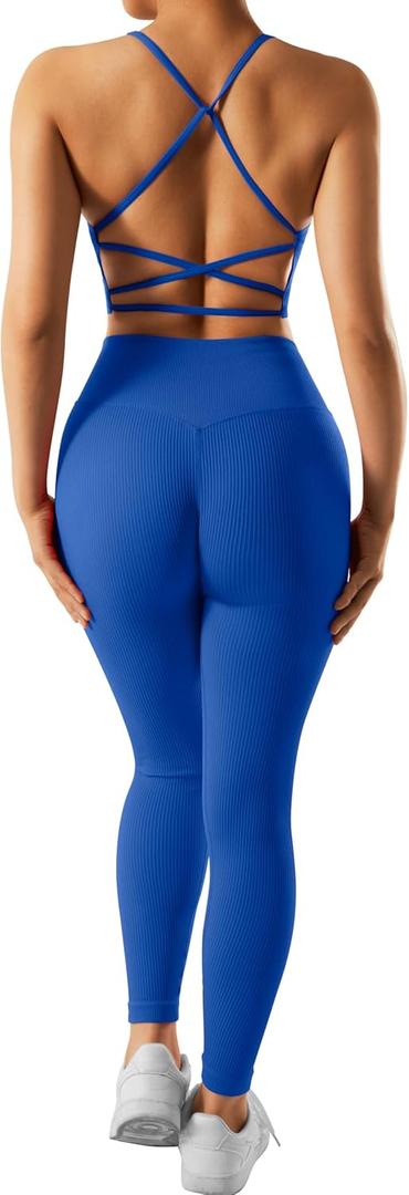 RXRXCOCO Ribbed Workout Sets for Women 2 Piece Backless Strappy Sports Bra Seamless Leggings Matching Set Yoga Outfits (Large, #004 Blue)