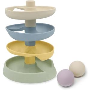 Little Rawr Silicone Ball Drop Tower Toy for Toddlers, 4-Tier Rolling Ramp Track with Wooden Balls, Soft Food-Grade Silicone Montessori Toy for Early Learning, Fine Motor Skill Development, Ages 13