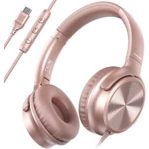 USB C Headphones Wired, Over Ear USB C Wired Headphones with Microphone, Volume Control, HD Stereo Sound, Foldable USB Type C Headphones for Adult/Teens/Chromebook/Laptop/Computer/iPhone, Rose