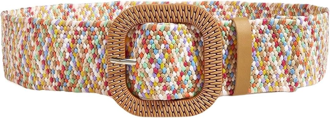 GORGLITTER Women's Woven Rattan Wide Stretch Straw Belt with Round Buckle (Fits waist: 33.5-37.4 inches, Beige)
