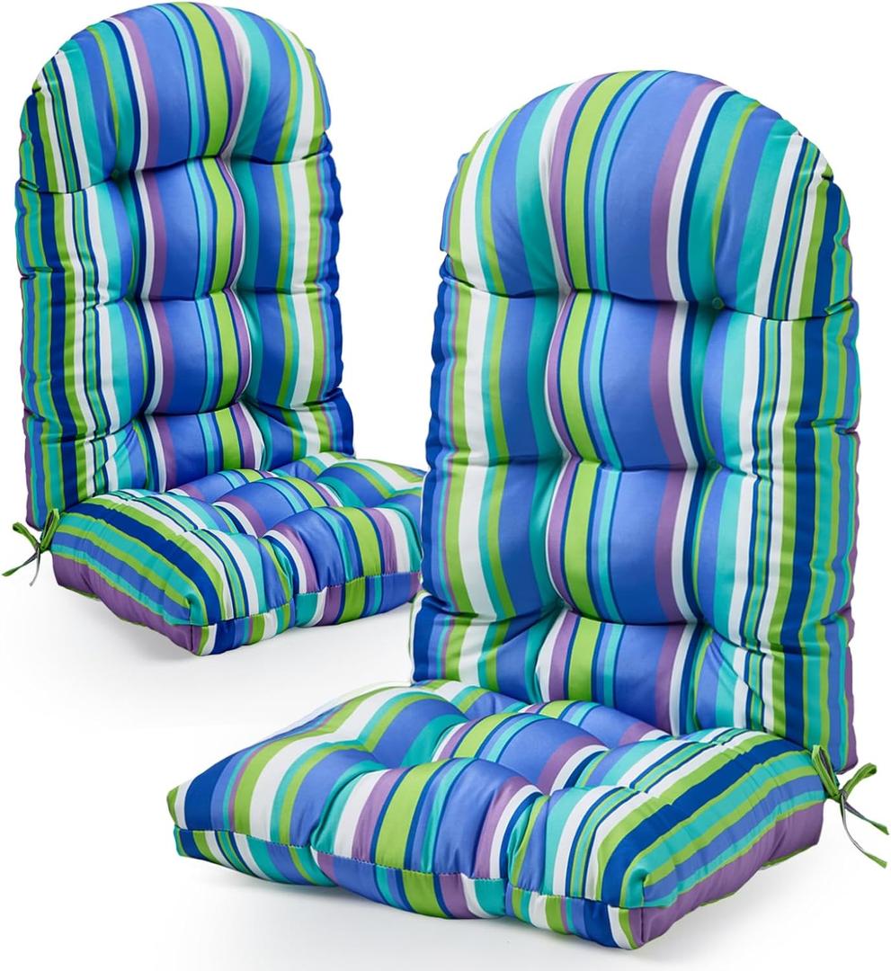 Adirondack Chair Cushion, High Back Patio Cushions with Adjustable Ties, 48.8x20.4x4.3, Waterproof Tufted Pillow, Fade Resistant Seat Rocking Chair Cushion for Indoor/Outdoor, Stripe Blue, 2