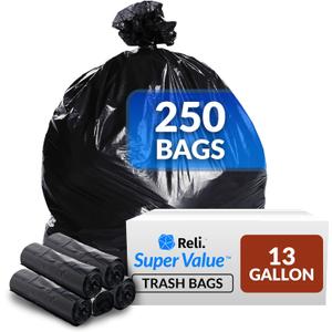Reli. 13 Gallon Trash Bags , 250 Bags, Black, Strong  Garbage Bags 