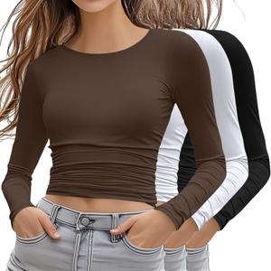 Ficerd 3 Pack Women's Crop Basic Tops, Long Sleeve Y2K Cropped Shirts Crew Neck Slim Fit T Shirts Fitted Going Out Tee (X-Large, Black, White, Coffee)