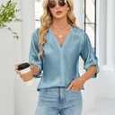 Blooming Jelly Womens Button Down Shirts 3/4 Sleeve Dressy Casual Tops Pleated Satin Silk Business Blouses 2026 (Blue, S)