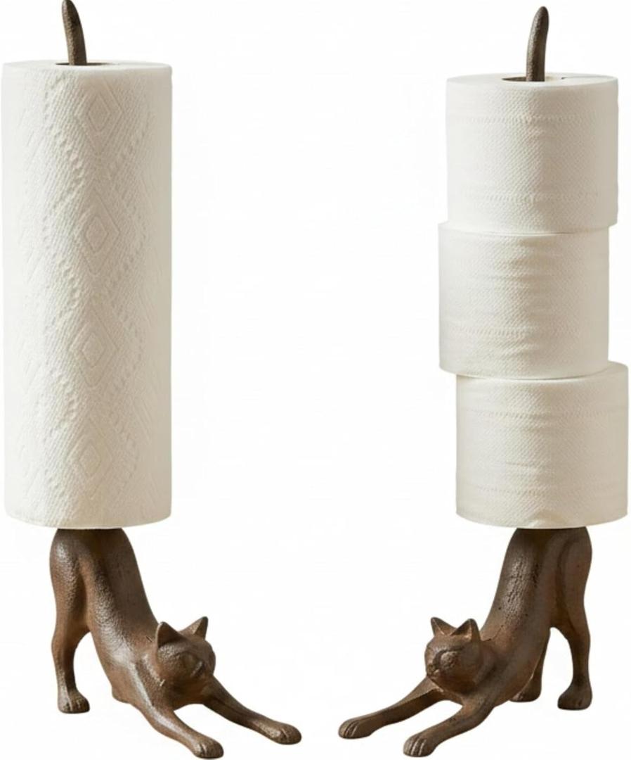 Comfify Yoga Cat Decorative Paper Towel Holder or Toilet Paper Holder - Adorable Downward Dog Pose Kitty - Cast Iron Paper Towel Stand - Antiqued Cast Iron Storage - Multiple uses - 18.5" Tall (Brown)