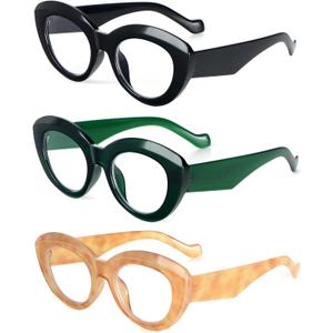 MMOWW Oversized Cat Eye Reading Glasses for Women 3 Pairs Thick Frame Blue Light Blocking Glasses Stylish Computer Readers (Black/Green/Amber),+2.0